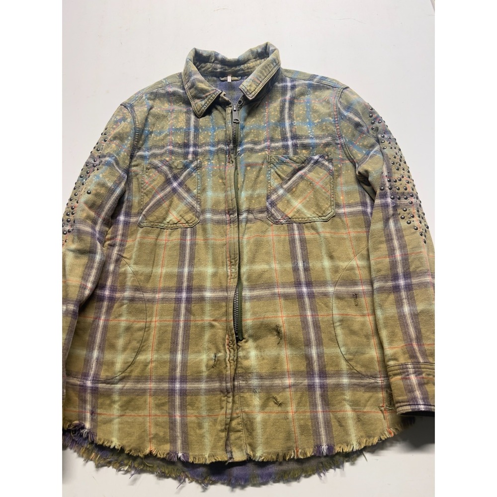 Free People Deconstructed Shirt Jacket Olive Green Plaid Embellished Womens Sz S